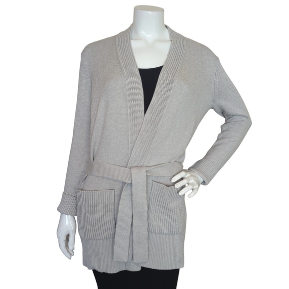 Tory Burch Grey Cashmere Blend Belted Cardigan Sweater - Picture 3 of 13